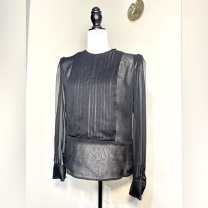 ADOLFO Silk Black Classic Blouse Fine Silk Ribbed Blouse Shirt Top